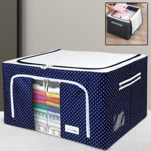 Fold-able Steel Frame Clothes Living Storage Organizer Handled Bag Box for Large Size Bedding, Blankets, Women Saree